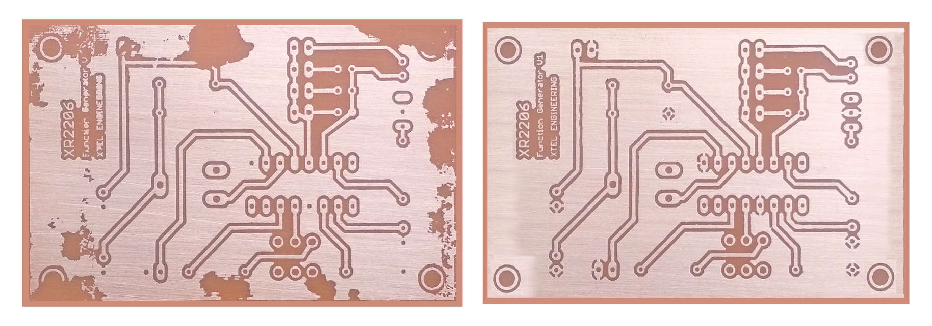 An overly etched PCB along with a properly etched PCB. In the first case, the toner was not completely transferred to the copper, and thus some portion of the copper pour got etched by the solution. Although it looked ugly, it was still usable after a few hacks. The second PCB was etched after correcting some minor errors in the layout file.