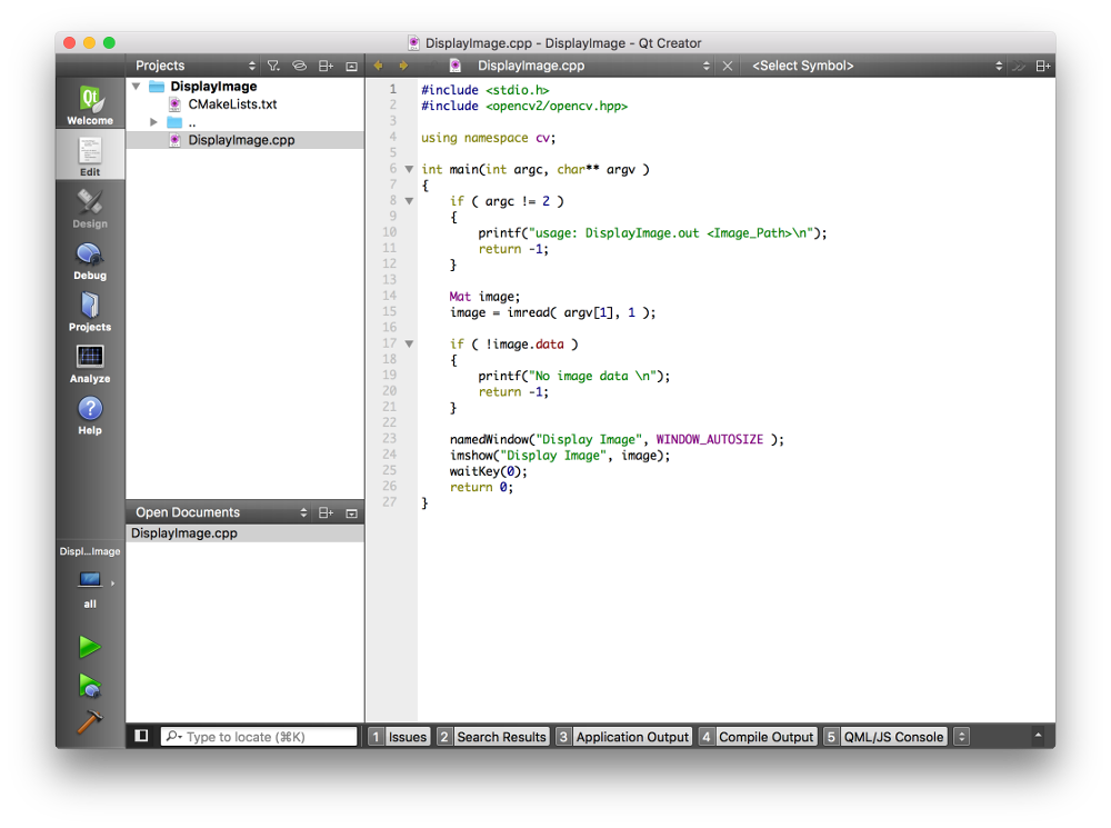 Qt Creator Showing OpenCV Project